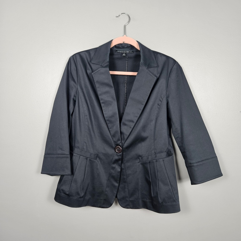 Lafayette 148 Womens 8 Black Blazer Snap Front Cotton Career Tailored Classic